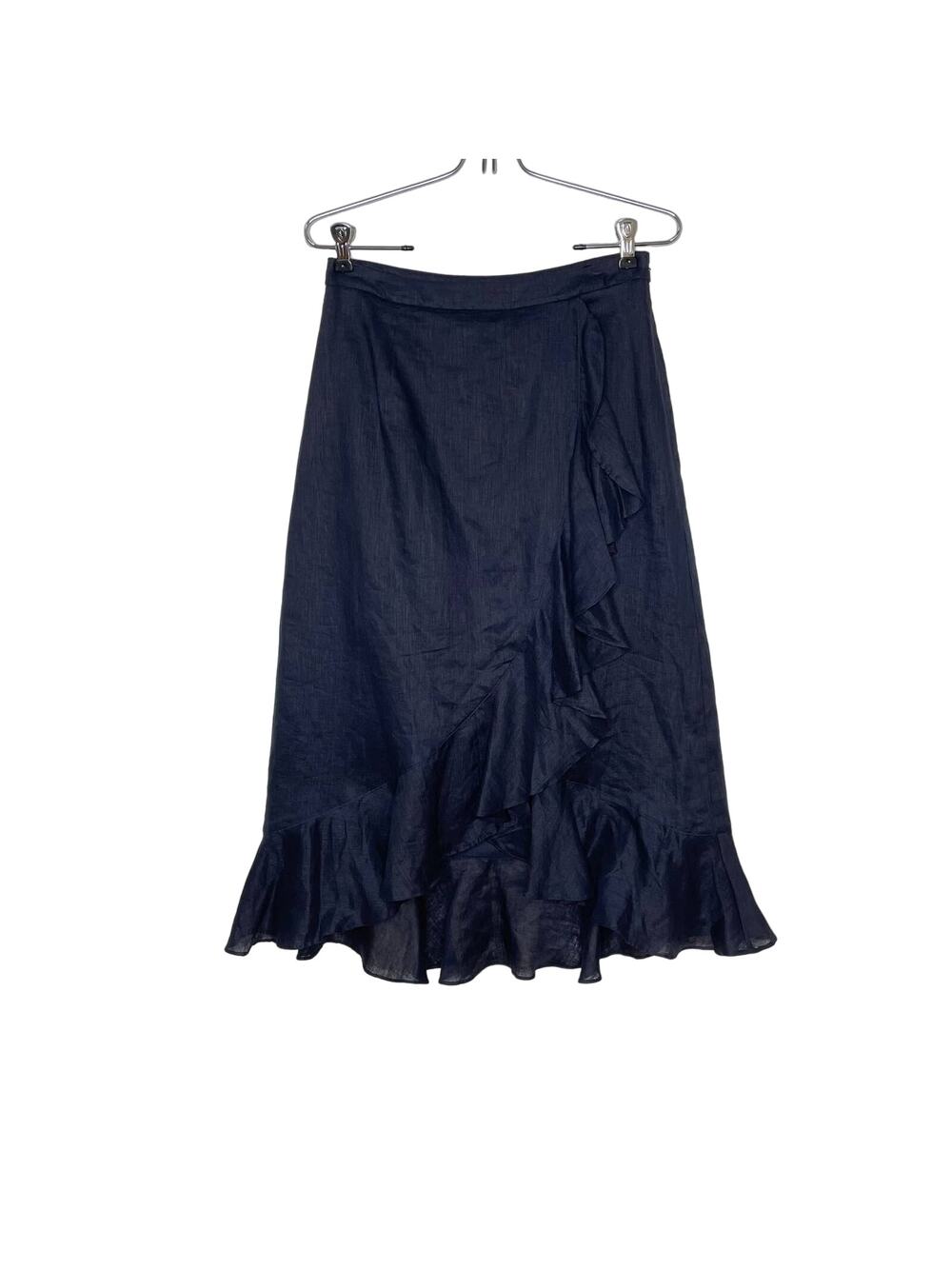 J. Peterman Sz 4 Navy Blue Linen Ruffle Asymmetrical A-Line Faux Wrap Midi Skirt